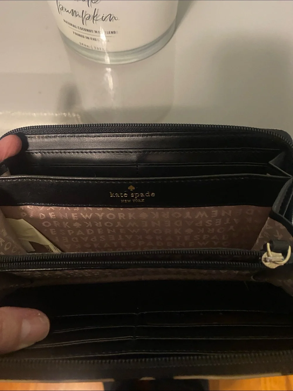 kate spade Black Zip Wallet with Cream and Pink Bokeh Dots